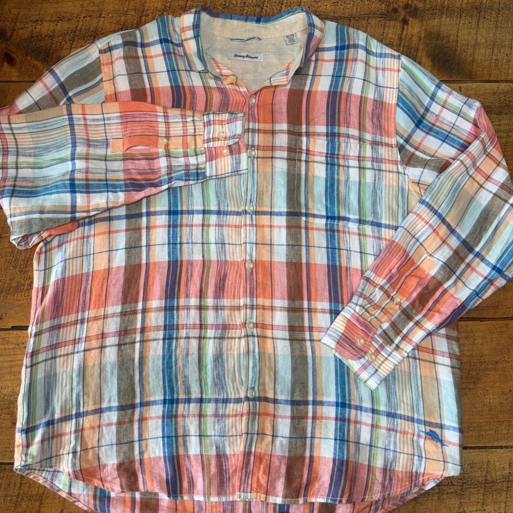Tommy Bahama Mens 100% Linen Orange Blue Plaid Long Sleeve Button Down Shirt XL - Picture 2 of 9